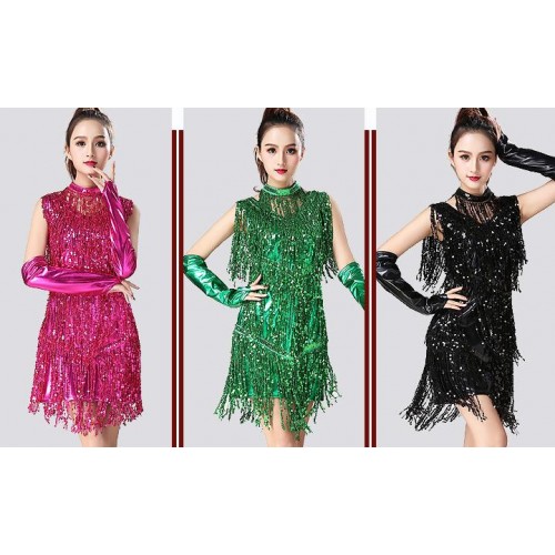 Women's latin dresses fringes paillette modern dance salsa chacha rumba samba stage performance chacha dancing dresses